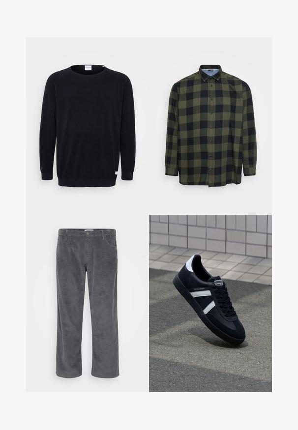 Sort strikket sweater med rund halsudskæring og lange raglanærmer. Har ribbede manchetter og kant, tekstureret stof og et lille mærke ved kanten.; Grøn- og sortternet skjorte med lange ærmer, knappet foran og klassisk krave. Lavet af letvægtsstof med en glat tekstur.; Grå kordfløjlsbukser med lige ben-design, der har forlommer og en diskret ribbet tekstur. Ingen synlig branding eller accenter.; Sort lædersneaker med hvide striber, tekstureret gummisål og snørrebånd foran. Har et brandet mærke på tungen.