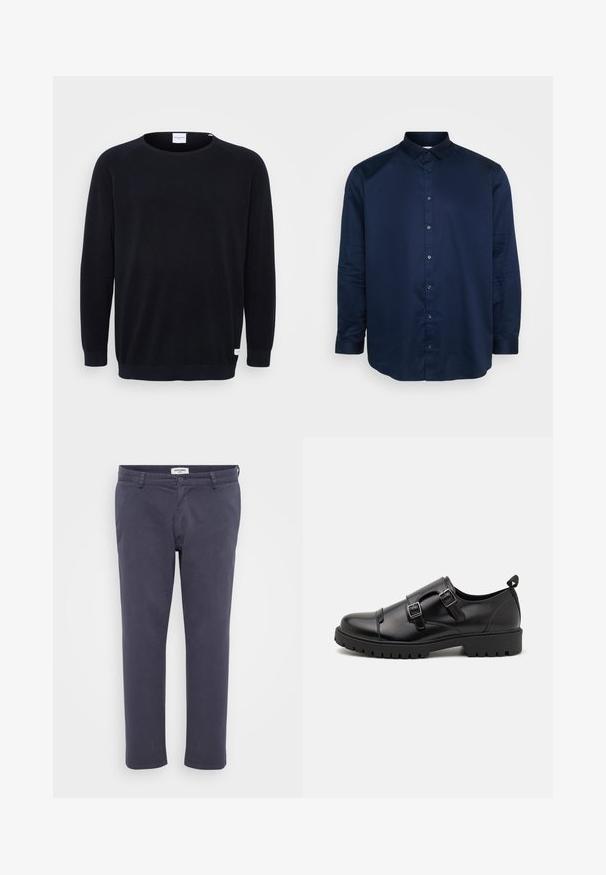 Sort strikket sweater med rund halsudskæring og lange raglanærmer. Har ribbede manchetter og kant, tekstureret stof og et lille mærke ved kanten.; Mørkeblå button-up skjorte lavet af glat stof, med en klassisk krave, lange ærmer og frontknapstolpe med matchende knapper.; Mørkeblå bukser lavet af glat stof med en slim fit, der har frontlommer, knaplukning og en simpel afslutning ved kanten.; Pier One by Zalando Business loafers - black