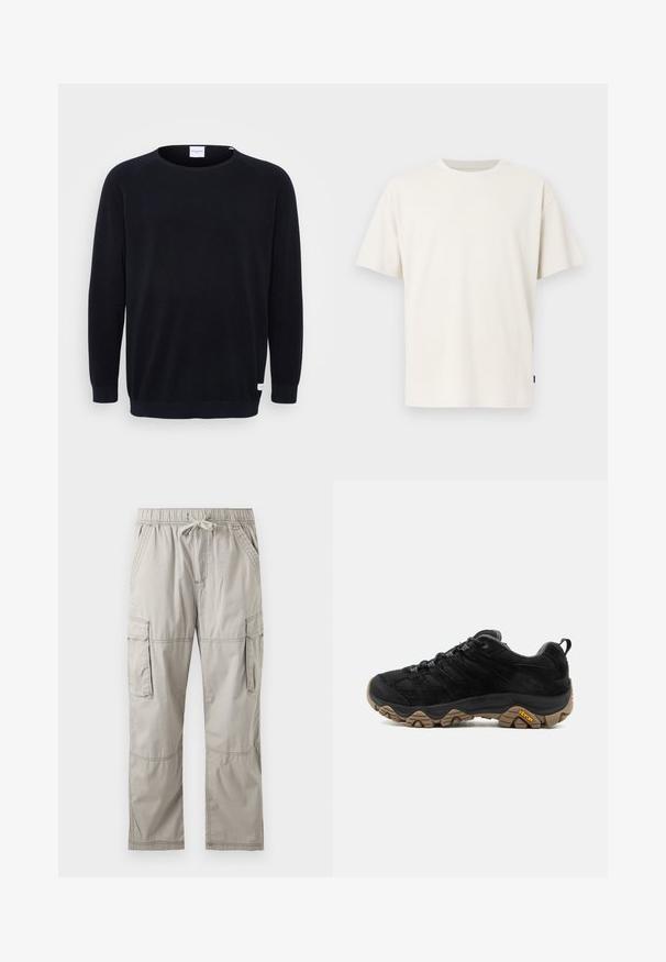 Sort strikket sweater med rund halsudskæring og lange raglanærmer. Har ribbede manchetter og kant, tekstureret stof og et lille mærke ved kanten.; Hvid kortærmet T-shirt med rund hals og almindelig pasform vist mod en lys grå baggrund.; Lysegrå cargobukser med elastisk talje, snøre, sidelommer og klaplommer på lårene, fladt lagt på hvid baggrund.; Sort vandrestøvle med robust brun Vibram-sål, mesh og ruskindsoverdel, snørelukning og bageste trækskinnel, vist fra ydersiden.
