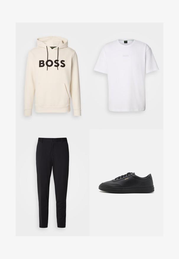Cremefarvet hoodie med sort "BOSS" tekst på brystet, sorte snore og en front kangaroo lomme.; Hvid bomulds T-shirt med korte ærmer, rund halsudskæring og præget "BOSS" logo på brystet. Glat tekstur, standard pasform.; Sorte bukser med struktureret stof, der har en lige pasform, standard talje med en knap og sidelommer.; Sorte lædersneakers med en glat overflade, rund tå, flad gummisål og tonede snørebånd. Udstyret med guld "BOSS" branding på siden.