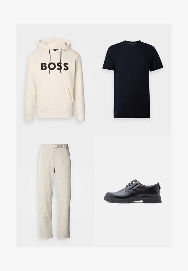 Cremefarvet hoodie med sort "BOSS" tekst på brystet, sorte snore og en front kangaroo lomme.; Sort t-shirt med korte ærmer og rund hals, med diskret struktur og lille "BOSS"-logo på venstre side af brystet.; Beige bukser med lige ben, lavet af letvægtsstof. Har et indbygget bælte og en subtil struktur med en glat finish.; Sorte snørestøvler i læder med glat tekstur, rundet tå og diskrete syningsdetaljer. Har en rød trækflig på hælen.