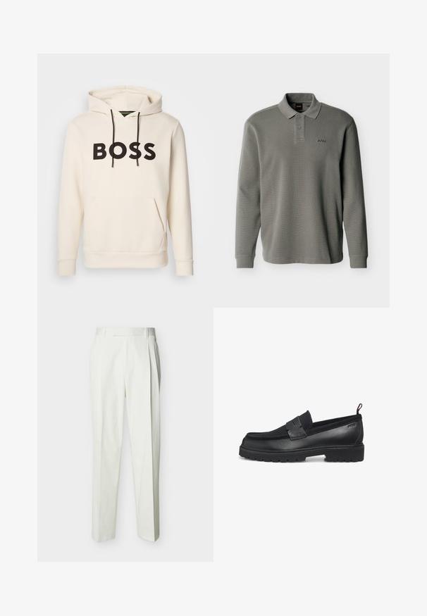 Cremefarvet hoodie med sort "BOSS" tekst på brystet, sorte snore og en front kangaroo lomme.; Langærmet grå polo med to knapper og ribbestruktur, med et lille "BOSS"-logo broderet på venstre bryst.; Hvide skræddersyede bukser med høj talje, bæltestropper og forreste læg, vist på en ensfarvet baggrund.; Sorte loafers med en glat læderoverdel, gummisål og teksturerede accenter på den øverste del. Har en syet kant og slip-on design.
