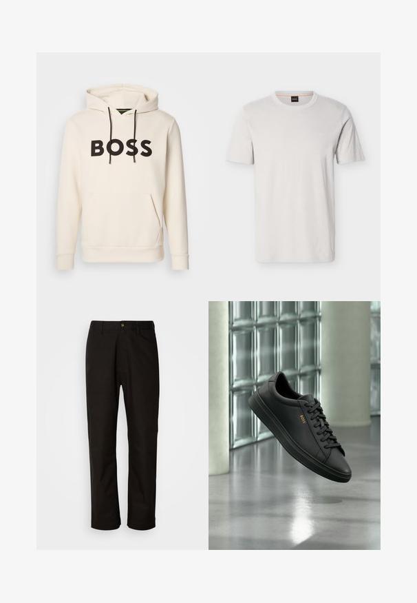 Crème kleurige hoodie met zwarte "BOSS" tekst op de borst, zwarte trekkoorden en een handige buidelzak aan de voorkant.; Lichtgrijs T-shirt met korte mouwen van zachte stof en een ronde hals. Heeft een subtiel geperst logo op de borst. Klassieke pasvorm.; Zwarte katoenen broek met een rechte snit, riemlussen, een ritssluiting aan de voorkant en een enkele knoopsluiting. Soepele textuur zonder zichtbare patronen.; Zwarte lage leren sneaker met zwarte veters en gouden BOSS-logo aan de zijkant, zwevend boven glanzende grijze vloer in een moderne binnenruimte.