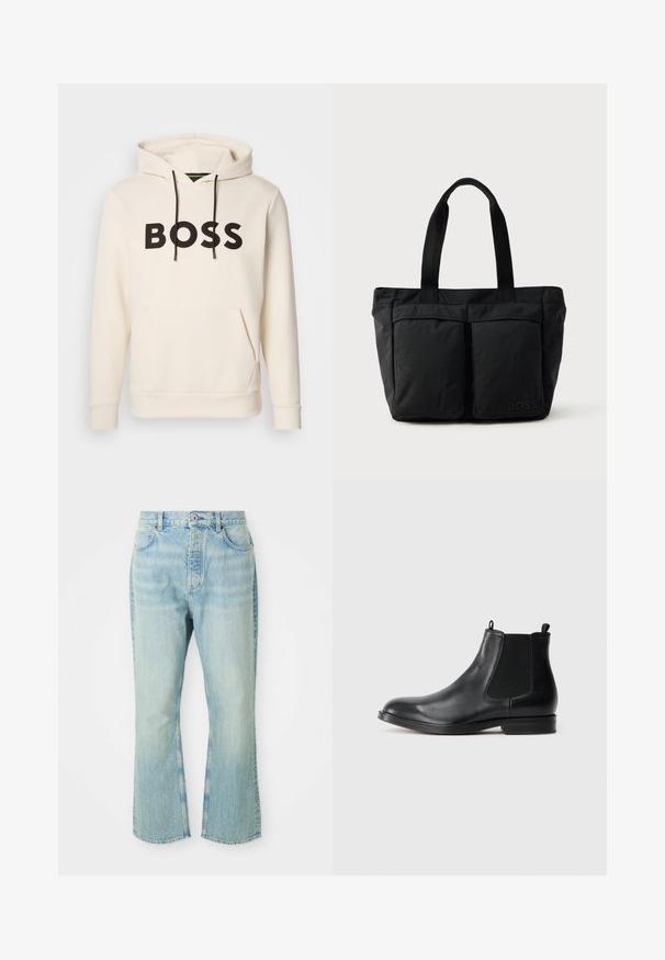 Cremefarvet hoodie med sort "BOSS" tekst på brystet, sorte snore og en front kangaroo lomme.; Lysblå denim flared jeans med høj talje, der har fem lommer, bæltestropper og en toned vævning.; Sorte læder Chelsea støvler med elastiske sidepaneler, rund tå, trækstrop og en lav blokhæl. Glat tekstur og minimalistisk design.; Sort tote bag med blødt stof, to forlommer og robuste håndtag. Logo vist på siden. Enkel, funktionel design.