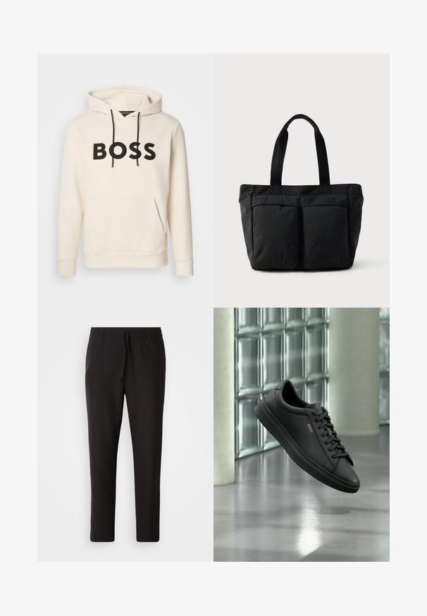 Cremefarvet hoodie med sort "BOSS" tekst på brystet, sorte snore og en front kangaroo lomme.; Sorte joggebukser lavet af glat stof. Har en elastisk talje med snor, tætsiddende ben og ingen synlige lommer. Enkel design.; Sort lavtopet lædersneaker med sorte snørebånd og gyldent BOSS-logo på siden, svævende over en blank grå gulv i et moderne indendørs rum.; Sort tote bag med blødt stof, to forlommer og robuste håndtag. Logo vist på siden. Enkel, funktionel design.
