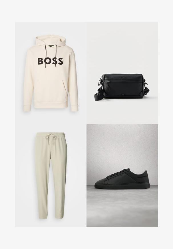 Cremefarvet hoodie med sort "BOSS" tekst på brystet, sorte snore og en front kangaroo lomme.; Beige bukser med elastik i taljen og snøre. Glat stof med sidelommer og en afslappet pasform, der smalner af ved anklerne.; Sort lav-sko i læder med snøre og "BOSS"-logo, der svæver over en glat betongulv nær glasblokke.; Sort rektangulær crossbody taske med front lynlåslomme, justerbar rem og præget "BOSS" logo øverst i midten.