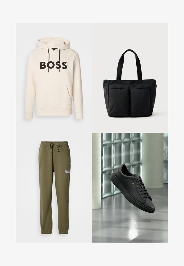 Cremefarvet hoodie med sort "BOSS" tekst på brystet, sorte snore og en front kangaroo lomme.; Oliven grønne sweatpants lavet af blødt stof, med en elastisk talje og snøre samt et lille broderet logo foran.; Sort lavtopet lædersneaker med sorte snørebånd og gyldent BOSS-logo på siden, svævende over en blank grå gulv i et moderne indendørs rum.; Sort tote bag med blødt stof, to forlommer og robuste håndtag. Logo vist på siden. Enkel, funktionel design.