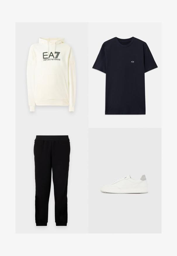 Weißer Kapuzenpullover aus weichem Material, mit einer vorderen Tasche und einem bedruckten Logo in Dunkelgrün. Lange Ärmel mit gerippten Bündchen.; Marineblaue Baumwoll-T-Shirt mit kurzen Ärmeln und Rundhalsausschnitt. Mit einem kleinen weißen "A|X"-Logo auf der linken Brustseite.; Schwarze Sweatpants aus einem weichen Material, mit elastischem Bund, eng anliegenden Bündchen und Seitentaschen für zusätzlichen Komfort.; Weißer Sneaker mit niedrigem Schaft, grauem Fersenlaschen, weißen Schnürsenkeln und einer strukturierten Sohle, dargestellt vor einem schlichten hellen Hintergrund.