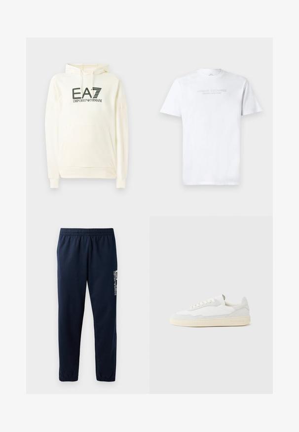 Sudadera blanca con capucha, hecha de un tejido suave, que cuenta con un bolsillo frontal y un logo impreso en verde oscuro. Mangas largas con puños de canalé.; Camiseta blanca de algodón con cuello redondo, mangas cortas y logo en relieve "ARMANI EXCHANGE MILANO/NEW YORK" en la parte frontal.; Pantalones de chándal azul marino con cintura elástica, piernas ajustadas y un logo blanco en el lateral. Tejido suave con una textura ligera.; Zapatilla blanca con parte superior texturizada de ante y cuero. Presenta una puntera redondeada, cierre con cordones y suela de goma beige contrastante.