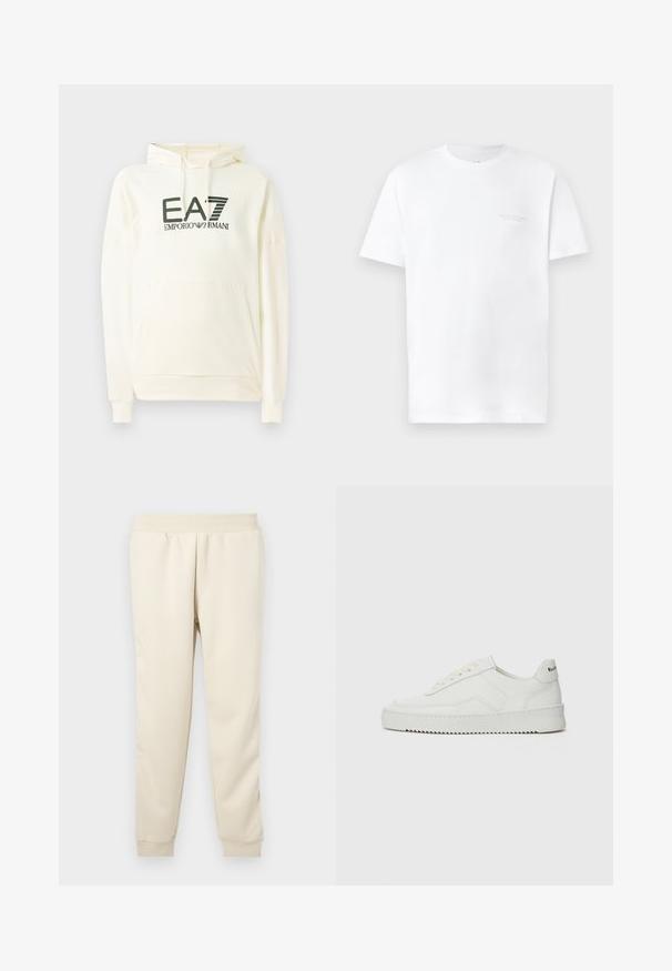 Hvid hættetrøje lavet af blødt stof, med en frontlomme og et trykt logo i mørkegrøn. Lange ærmer med ribbede manchetter.; Hvid bomulds t-shirt med korte ærmer, rund halsudskæring, der har et diskret gråt logo print på venstre bryst og en glat overflade.; Lys beige sweatpants lavet af blødt materiale med en tætsiddende design, elastisk talje og manchetter ved anklerne. Ingen synlige mønstre eller accenter.; Hvide lædersneakers med en glat overflade, rund tå, flade snørebånd og en tekstureret sål. Har et diskret logo på hælen.