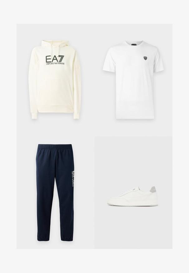 Hvid hættetrøje lavet af blødt stof, med en frontlomme og et trykt logo i mørkegrøn. Lange ærmer med ribbede manchetter.; Hvid bomuld t-shirt med korte ærmer, der har et lille sort logo på venstre brystområde. Klassisk crew neck design.; Marineblå sweatpants med elastisk talje, tætsiddende ben og et hvidt logo på siden. Glat stof med en let tekstur.; Hvid lavtop-sneaker med gråt hælflig, hvide snørebånd og tekstureret sål, vist på en ensfarvet lys baggrund.