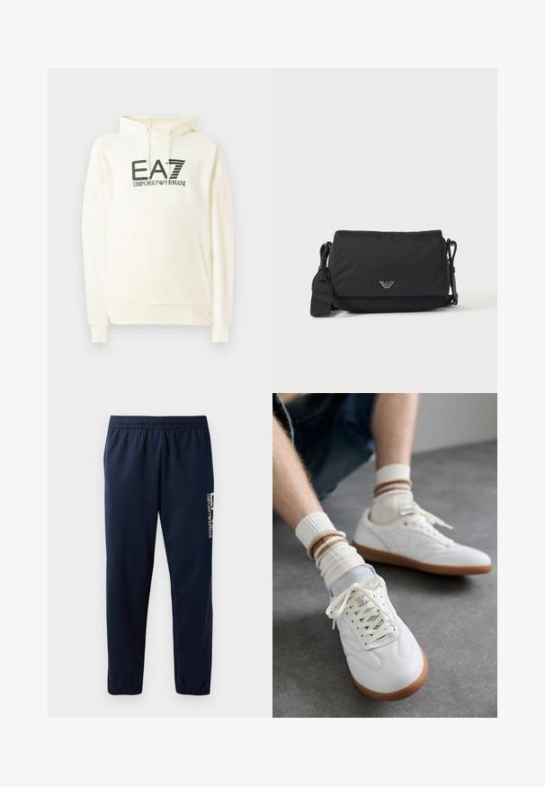 Sudadera blanca con capucha, hecha de un tejido suave, que cuenta con un bolsillo frontal y un logo impreso en verde oscuro. Mangas largas con puños de canalé.; Pantalones de chándal azul marino con cintura elástica, piernas ajustadas y un logo blanco en el lateral. Tejido suave con una textura ligera.; Zapatillas de cuero blanco con una textura suave, detalles en gamuza gris, suelas de goma beige y cordones planos. Combinadas con calcetines a rayas en tonos crema y marrón.; Bolso bandolera negro con correa ajustable y pequeño emblema de logo plateado en la solapa frontal, mostrado sobre un fondo claro y liso.
