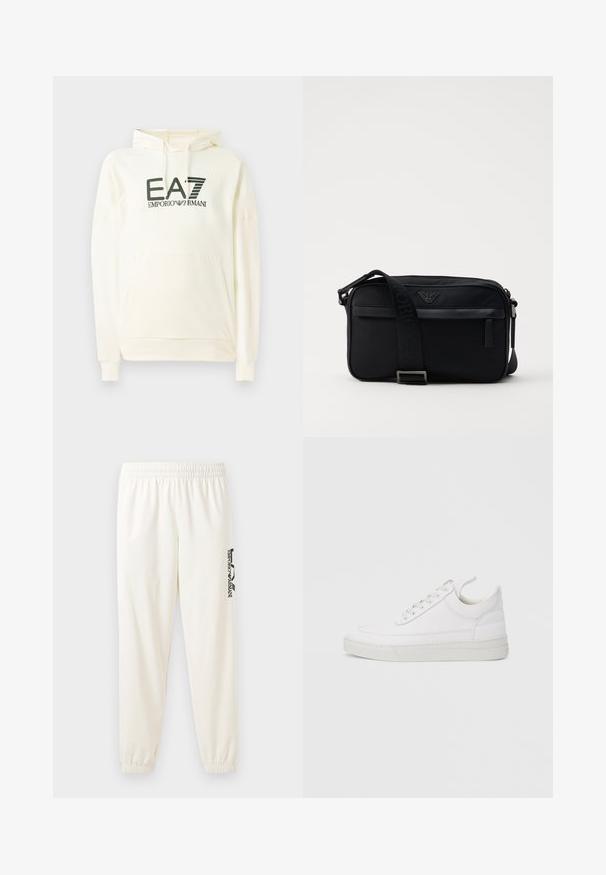 Witte hoodie gemaakt van zacht materiaal, met een voorzak en een gedrukt logo in donkergroen. Lange mouwen met ribgebreide boorden.; Lichtbeige sweatpants met een elastische tailleband en elastische boorden. Heeft een zwart gedrukt logo op het linkerbeen. Zachte stoftextuur.; Witte leren sneaker met een afgeronde neus, platte zool en veters aan de voorkant. Voorzien van stikseldetails en een gevoerde kraag voor comfort.; Zwarte nylon schoudertas met een contrasterende schouderband, een slank rechthoekig ontwerp, een logo-detail en een ritszak aan de voorkant.