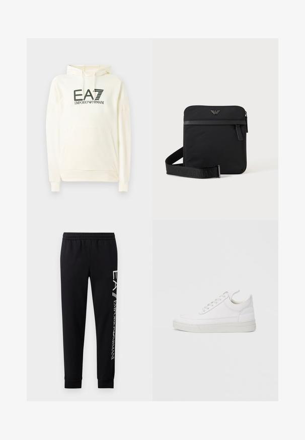 Weißer Kapuzenpullover aus weichem Material, mit einer vorderen Tasche und einem bedruckten Logo in Dunkelgrün. Lange Ärmel mit gerippten Bündchen.; Schwarze Sweatpants aus Baumwollmischung mit elastischem Taillenbund, schmal zulaufenden Beinen, gerippten Bündchen und weißem Logo-Druck entlang der Seite.; Weißer Ledersneaker mit abgerundetem Zehenbereich, flacher Sohle und Schnürverschluss. Verfügt über Nahtdetails und einen gepolsterten Kragen für zusätzlichen Komfort.; Schwarze quadratische Schultertasche mit Reißverschluss, Vordertasche und verstellbarem Riemen mit eingeprägtem Markennamen.