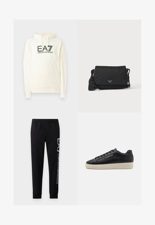 Hvid hættetrøje lavet af blødt stof, med en frontlomme og et trykt logo i mørkegrøn. Lange ærmer med ribbede manchetter.; Sorte sweatpants lavet af en bomuldsblanding, med elastisk talje, smalle ben, ribbede manchetter og hvidt logo print langs siden.; Sorte lædersneakers med en glat finish, kontrasterende cremefarvet sål, rund tå, guld logo på siden og seks huller til snørebånd.; Sort crossbody taske med justerbar rem og lille sølv logoemblem på frontklap, vist på ensartet lyst baggrund.
