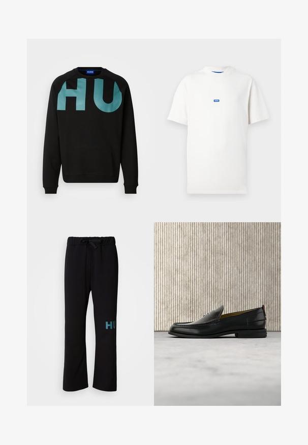 Sweatshirt noir arborant un grand logo turquoise "HU" lisse sur le devant. Confectionné en tissu doux avec des poignets et un col côtelés.; T-shirt blanc à manches courtes avec un petit logo rectangulaire bleu portant l'inscription "HUGO", centré sur la poitrine, fond uni.; Pantalon de survêtement noir à taille avec cordon, présentant une coupe à jambes larges et un texte "HUGO" en bleu sarcelle sur la jambe gauche. Texture du tissu douce.; Mocassin pour homme en cuir noir avec un dessus embossé effet croco et un petit talon, présenté de profil sur un fond neutre.