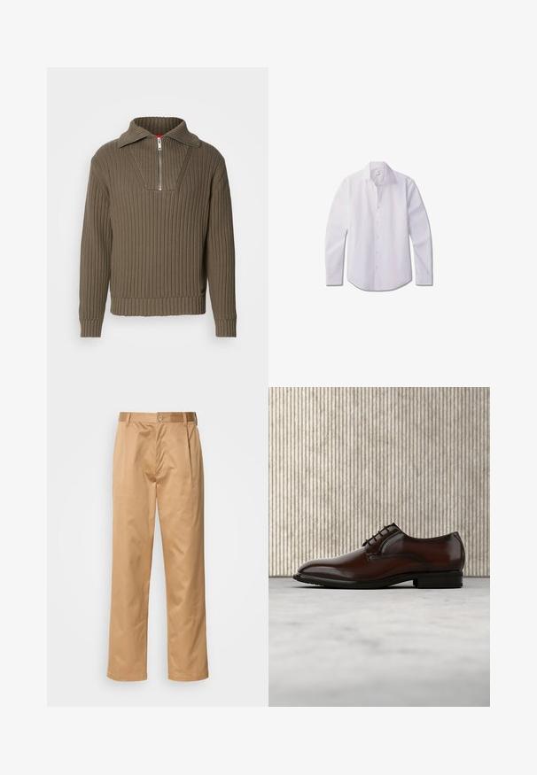 Suéter marrón acanalado con media cremallera y un collar amplio. Presenta una tela texturizada y un dobladillo ligeramente corto. Diseño simplista.; Camisa blanca de manga larga con botones, confeccionada en tela lisa, con cuello clásico, tapeta frontal con botones y dobladillo redondeado.; Pantalones caqui, mezcla de algodón, diseño de pierna recta, con pliegues delanteros, trabillas para cinturón y cierre de botón. Textura suave sin patrones.; Zapato de vestir de cuero marrón oscuro pulido con cordones, flotando sobre una alfombra beige, cerca de una pieza de mobiliario redondeada de color ámbar.