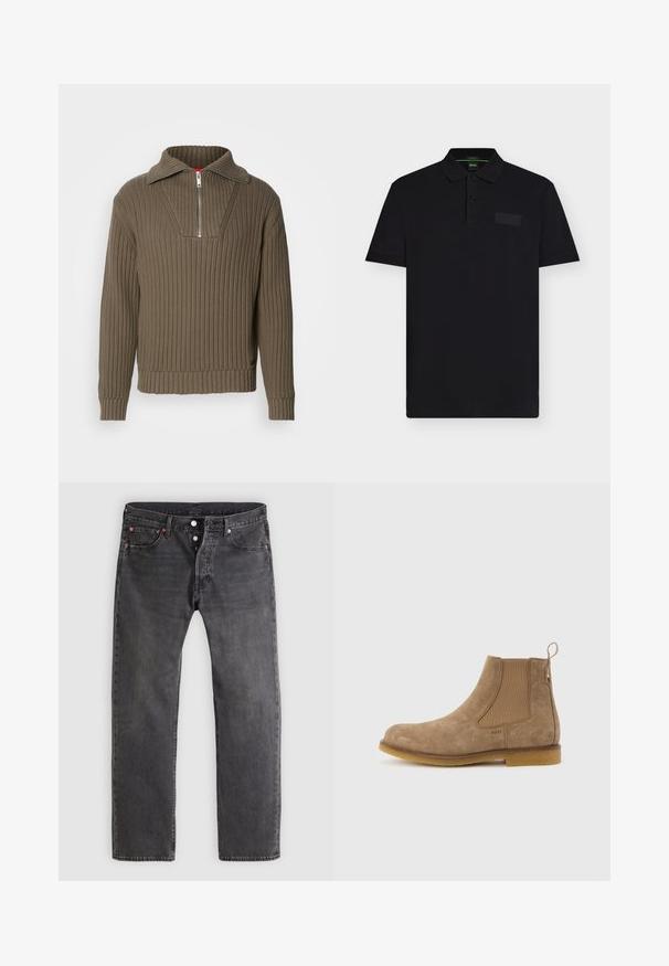 Brun ribbet pullover med en halvdelt lynlås og en bred krave. Har et tekstureret stof og en let cropped hel. Simpelt design.; Sort kortærmet polo med to knapper, krave og et diskret rektangulært logo på venstre bryst.; Falsk sort denim jeans med en lige ben-design, knaplukning og kobbernitter. Har fem lommer og diskrete slidmønstre.; Lysebrun ruskinds Chelsea-støvle med elastiske sidepaneler, træk-flap ved hælen og gummisål.