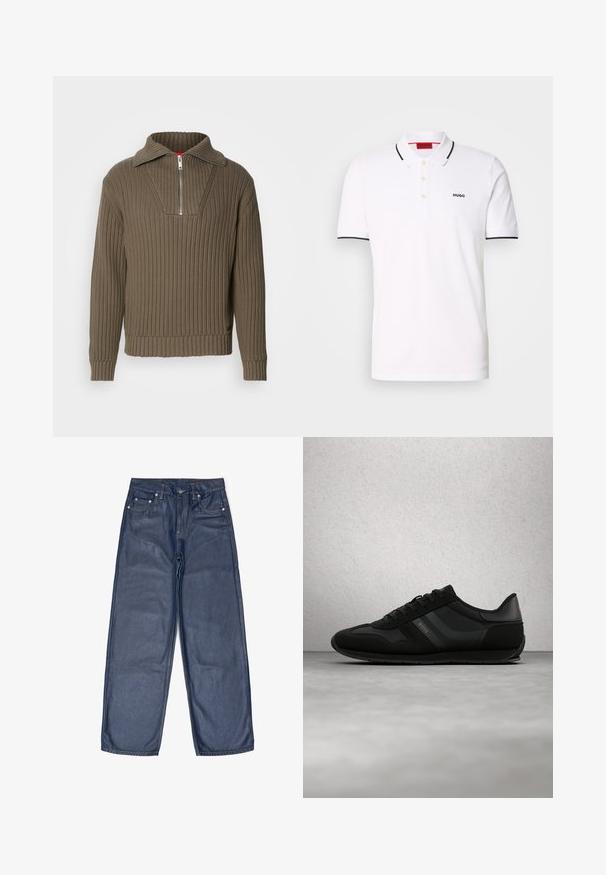 Brun ribbet pullover med en halvdelt lynlås og en bred krave. Har et tekstureret stof og en let cropped hel. Simpelt design.; Hvid polo skjorte lavet af bomuld, med en klassisk krave, tre-knap lukning, sort kant på ærmerne og et lille sort logo på brystet.; Mørkeblå denimjeans med løs pasform, der har fem lommer, kontraststing og knap- og lynlås-lukning.; Sort atletiksko med glat læder- og mesh-overdel, snørelukning og diskret branding på siden og tungen. Gummisål.