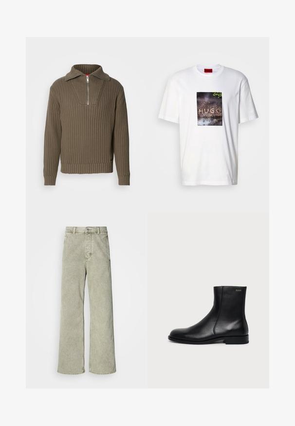 Brun ribbet pullover med en halvdelt lynlås og en bred krave. Har et tekstureret stof og en let cropped hel. Simpelt design.; Hvid bomuld T-shirt med et rektangulært grafisk tryk med teksten "HUGO" på en tekstureret, mørk overflade omgivet af grønt.; Lys grøn brede jeans med høj talje, lavet af denim, med knaplukning og klassisk fem-lommer design.; Sort læderankelstøvle med lav hæl, sidesyning og lille "HUGO" logo på den øverste manchet mod en ensfarvet baggrund.