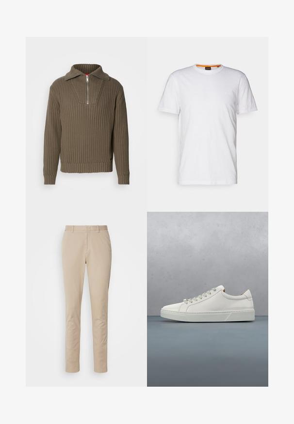 Brun ribbet pullover med en halvdelt lynlås og en bred krave. Har et tekstureret stof og en let cropped hel. Simpelt design.; Hvid bomulds T-shirt med rund hals, korte ærmer og et subtilt præget logo på brystet. Indvendigt mærke har en orange detalje.; Beige bomuldsbukser med lige ben, der har lynlåsgylpter, sidelommer og diskrete syninger. Glat tekstur.; Hvid lædersneaker med rund tå, minimalistisk design, grå snørebånd og en tekstureret grå gummisål. Subtile syningsdetaljer er synlige.
