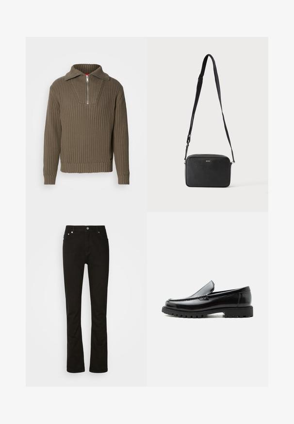Suéter marrón acanalado con media cremallera y un collar amplio. Presenta una tela texturizada y un dobladillo ligeramente corto. Diseño simplista.; Jeans de denim negro con diseño de pierna recta, que cuentan con bolsillos frontales, una cremallera y acentos de hardware plateado. Textura suave, sin patrones.; Mocasín de cuero negro con suela de goma gruesa, empeine cosido y nombre de la marca en relieve en el talón, mostrado en perfil lateral sobre fondo blanco.; Bolso bandolera rectangular negro con correa ajustable y logo BOSS en la parte delantera, sobre un fondo claro liso.