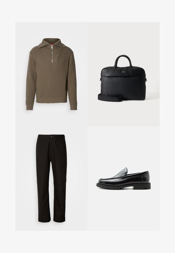 Suéter marrón acanalado con media cremallera y un collar amplio. Presenta una tela texturizada y un dobladillo ligeramente corto. Diseño simplista.; Pantalones de algodón negros con corte recto, presillas para el cinturón, cremallera frontal y un solo botón de cierre. Textura suave sin patrones visibles.; Mocasín de cuero negro con suela de goma gruesa, empeine cosido y nombre de la marca en relieve en el talón, mostrado en perfil lateral sobre fondo blanco.; Maletín de cuero negro con textura, con asas superiores y correa de hombro desmontable, mostrando un pequeño logo frontal sobre un fondo gris neutro.