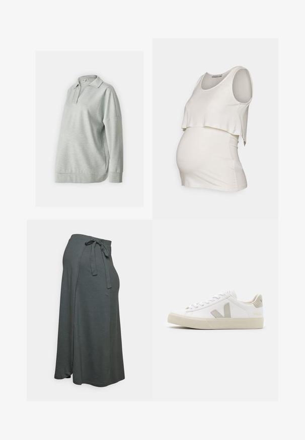Pull sweatshirt gris clair avec col, manches longues et coupe décontractée. Fabriqué dans un tissu doux avec une texture lisse et un motif subtil.; Anna Field MAMA by Zalando Débardeur - white; Anna Field MAMA by Zalando MATERNITY BASIC MIDI SKIRT - Jupe crayon - light green; Baskets blanches en cuir avec des accents gris en forme de V, semelle en caoutchouc texturé, lacets blancs, et languette et col rembourrés.