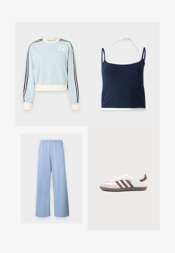 Sweat-shirt bleu clair à manches longues avec poignets et ourlet blancs, rayures noires et blanches sur les manches, et "22" blanc imprimé sur la poitrine.; Top court sans manches bleu marine avec bordure blanche et bretelle réglable derrière le cou sur fond uni.; Pantalon large bleu clair avec taille élastique, tissu lisse et design minimaliste, présenté sur un fond blanc uni.; Baskets Adidas Samba blanches avec des bandes en daim marron, semelle en caoutchouc marron et bout en daim beige, vues du côté extérieur sur un fond uni.