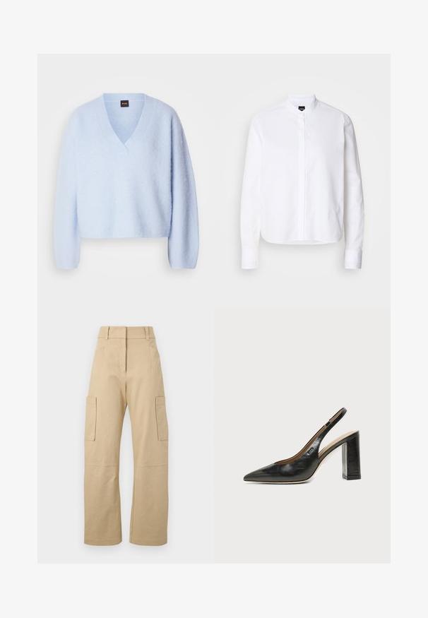 Lys blå, cropped striktrøje med v-hals og lange ærmer, der har en blød tekstur og minimal sømdetaljering.; Hvid skjorte med krave, front placket, lange ærmer og knapmanchetter. Lavet af glat bomuldsstof med en struktureret pasform.; Beige cargo bukser lavet af bomuld, med høj talje, vide ben, to sidelommer og to store cargolommer på lårene.; Sort læder peep-toe slingback sko med høj blokhæl og beige indvendig foring mod en ensfarvet lys baggrund.
