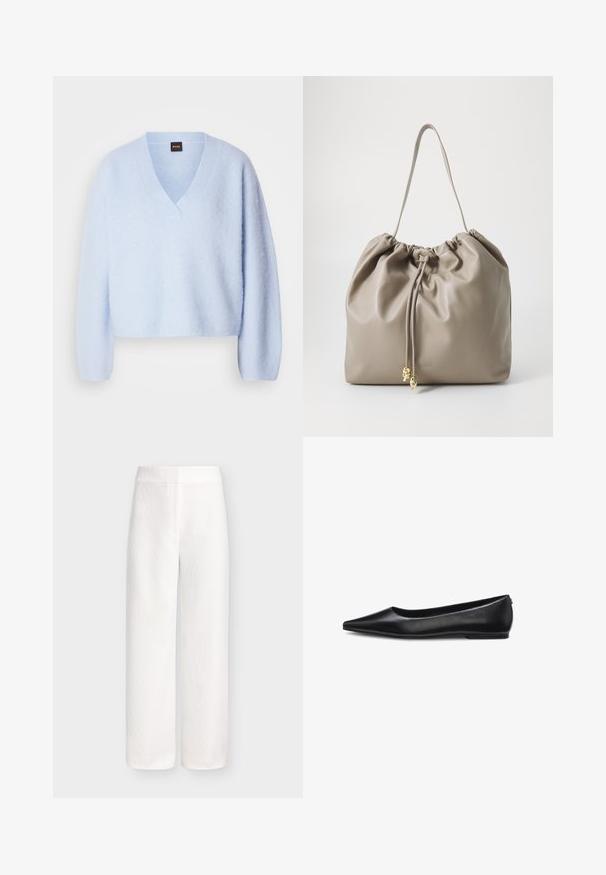Pull en tricot cropped bleu clair avec un décolleté en V et des manches longues, présentant une texture douce et un minimum de détails de coutures.; Pantalon blanc taille haute à jambes larges avec fermeture frontale dissimulée et texture de tissu lisse et léger.; Chaussure plate en cuir noir à bout pointu, talon bas et finition lisse, vue de côté sur fond blanc.; Sac à main en cuir beige doux avec un haut froncé et une bandoulière ajustable, comportant deux extrémités de cordon pendantes avec des embouts en métal doré.