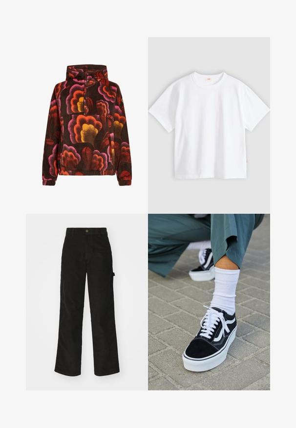 Mikina z fleece materiálu s ružovými, oranžovými a žltými kvetinovými vzormi na tmavohnedom pozadí. Obsahuje kapucňu a zapínanie na gombíky. Mäkká štruktúra.; Biele bavlnené tričko s krátkym rukávom, okrúhlym výstrihom, voľným strihom, hladkou textúrou a malou značkou loga na ľavom bočnom šve.; Čierne kordurové nohavice s rovným strihom, ktoré majú zapínanie na gombík a bočné vrecko. Hladká textura s jemnými vertikálnymi pruhmi.; Čierne semišové tenisky s bielymi akcentmi a šnúrkami, s hrubou bielou podrážkou a kontrastným prešívaním, doplnené o bielu ponožku.