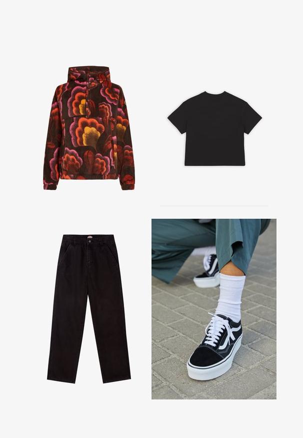 Pullover fleece met roze, oranje en gele bloemmotieven op een donkerbruin achtergrond. Voorzien van een capuchon en knoopsluiting. Zachte textuur.; Zwarte cropped T-shirt, korte mouwen, klassieke ronde hals, gemaakt van zachte katoenstof, effen ontwerp zonder patronen of accenten.; Zwarte denim rechtaflopende broek met een klassiek vijf-pocket ontwerp, voorzien van een knoopsluiting en subtiele stikseldetails.; Zwarte suède sneaker met witte accenten en veters, uitgerust met een dikke witte zool en contrasterende stiksels, gecombineerd met een witte sok.