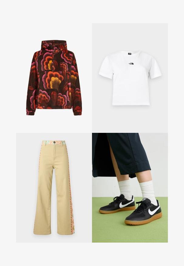 Pullover fleece med pink, orange og gule blomster mønstre på en mørkebrun baggrund. Har hætte og knaplukning. Blød tekstur.; Hvid bomulds t-shirt med korte ærmer, rund hals og et sort The North Face-logo på brystet. Enkel, udekoreret design.; Beige bukser med høj talje og brede ben, lukkes med knapper, blomsterprint på taljebåndet og sidelægn i pastelfarver.; Sorte læder- og syntetiske sneakers med hvid Nike swoosh, gummisål, rund tå og sorte snørebånd. Ribbede hvide sokker synlige.