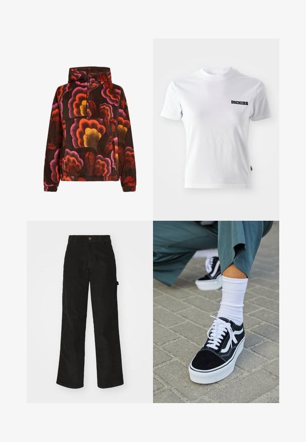 Fleece-Pullover mit rosa, orangefarbenen und gelben Blumenmustern auf einem dunkelbraunen Hintergrund. Mit Kapuze und Knopfleiste. Weicher Stoff.; Weißes kurzärmeliges T-Shirt aus Baumwolle mit Rundhalsausschnitt und schwarzem "DICKIES"-Logo auf der linken Brustseite. Glatte Textur und taillierte Passform.; Schwarze Cordhosen mit geradem Schnitt, ausgestattet mit einem Knopfverschluss und einer Seitenlasche. Glatte Textur mit feinen verticalen Streifen.; Schwarze Wildledersneaker mit weißen Akzenten und Schnürsenkeln, ausgestattet mit einer dicken weißen Sohle und kontrastierenden Nähten, kombiniert mit einer weißen Socke.