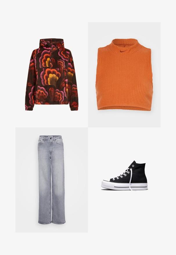 Fleece-Pullover mit rosa, orangefarbenen und gelben Blumenmustern auf einem dunkelbraunen Hintergrund. Mit Kapuze und Knopfleiste. Weicher Stoff.; Oranges, geripptes, ärmelloses Crop-Top mit hohem Kragen und dezentem Nike-Logo auf der Vorderseite, das ein tailliertes Design und strukturierter Stoff bietet.; ONLY Tall ONLJUICY WIDE LEG - Wide Leg - medium grey denim; Schwarzer High-Top-Canvas-Sneaker mit weißer Gummisohle und weißen Schnürsenkeln, seitlich dargestellt vor weißem Hintergrund.