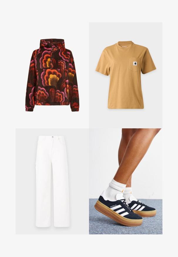 Mikina z fleece materiálu s ružovými, oranžovými a žltými kvetinovými vzormi na tmavohnedom pozadí. Obsahuje kapucňu a zapínanie na gombíky. Mäkká štruktúra.; Jednoduché hnedé tričko s krátkym rukávom a náprsným vreckom s obdĺžnikovou náplasťou s logom značky, zobrazené na jednoduchom svetlom pozadí.; Biele denimové nohavice s širokým strihom, klasickým piatimi vreckami a hladkým povrchom bez vzorov alebo ozdôb.; Nohy v bielych ponožkách a čiernych teniskách Adidas Gazelle s bielymi pruhmi a hrubými hnedými podrážkami na sivom koberci.