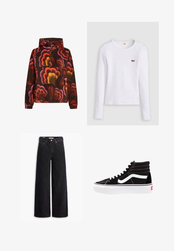 Sudadera de forro polar con patrones florales en rosa, naranja y amarillo sobre un fondo marrón oscuro. Con capucha y abertura con botones. Textura suave.; Camiseta blanca de manga larga Levi's con cuello redondo y pequeño logo rojo de Levi's en el pecho izquierdo, presentada sobre un fondo liso.; Jeans de pierna ancha negros hechos de denim, con cinco bolsillos, remaches de cobre y un cierre clásico de botón. Textura suave con un diseño limpio.; Zapatillas altas negras con cordones blancos, un logo blanco y costuras en blanco que contrastan. Presentan una suela blanca gruesa y una parte superior de ante texturizado.