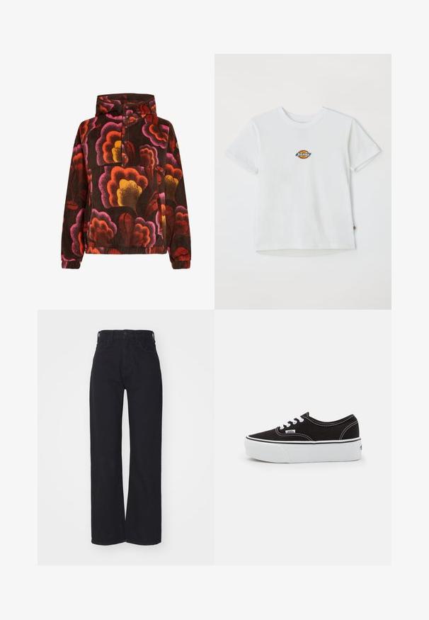 Mikina z fleece materiálu s ružovými, oranžovými a žltými kvetinovými vzormi na tmavohnedom pozadí. Obsahuje kapucňu a zapínanie na gombíky. Mäkká štruktúra.; Biela bavlnená tričko s okrúhlym logom a viacfarebnými akcentmi. Krátke rukávy a okrúhly výstrih, s malou nálepkou na leme.; Čierne široké džíny s vysokým pásom, so zapínaním na prednom gombíku a zips, pútkami na opasok a dvoma prednými vreckami na bielom pozadí.; Čierne plátenné tenisky s bielou gumovou platformou, s bielymi šnúrkami a stehmi, ikonickým logom na boku, nízkoprofilový dizajn.