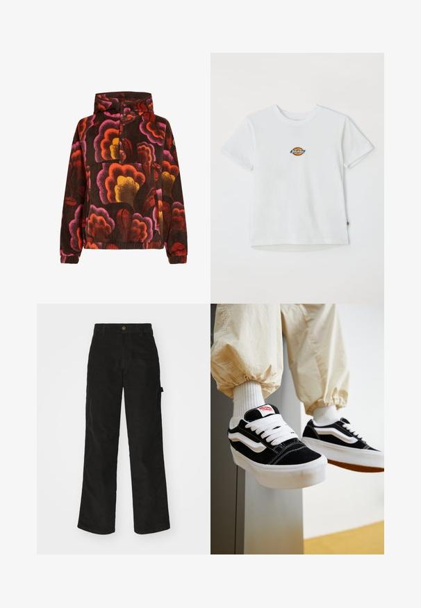 Fleece-Pullover mit rosa, orangefarbenen und gelben Blumenmustern auf einem dunkelbraunen Hintergrund. Mit Kapuze und Knopfleiste. Weicher Stoff.; Weißes Baumwoll-T-Shirt mit einem runden Logo und mehrfarbigen Akzenten. Kurze Ärmel und runder Halsausschnitt, mit einem kleinen Etikett am Saum.; Schwarze Cordhosen mit geradem Schnitt, ausgestattet mit einem Knopfverschluss und einer Seitenlasche. Glatte Textur mit feinen verticalen Streifen.; Person, die schwarz-weiße Vans-Sneaker mit weißen Schnürsenkeln, weißen Socken und beigen Hosen mit elastischen Bündchen trägt.