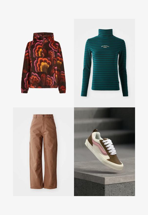Pullover fleece med pink, orange og gule blomster mønstre på en mørkebrun baggrund. Har hætte og knaplukning. Blød tekstur.; Langærmet turtleneck top i teal med mørkeblå vandrette striber. Har et lille hvidt og guld logo på brystet. Blødt, strækbart stof.; Brune bukser med brede ben lavet af slidstærkt stof. Har en høj talje, forlommer og diskrete syninger.; Brun, hvid og pink sneaker med hvide snørebånd svævende over en grå stenkant, med slørede grå trin i baggrunden.