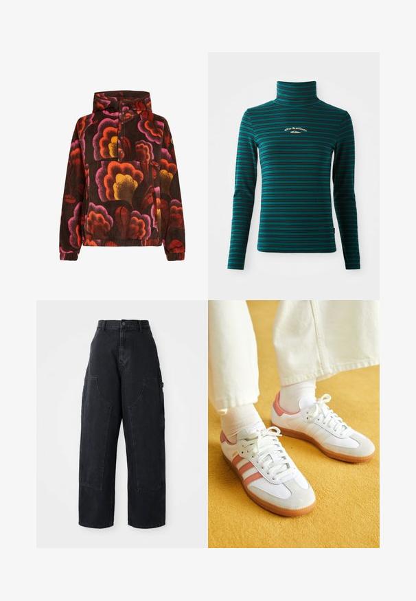 Pullover fleece med pink, orange og gule blomster mønstre på en mørkebrun baggrund. Har hætte og knaplukning. Blød tekstur.; Langærmet turtleneck top i teal med mørkeblå vandrette striber. Har et lille hvidt og guld logo på brystet. Blødt, strækbart stof.; Sorte denim cargo bukser med vidde og høj talje, to store forlommer og knaplukning i taljen. Glat tekstur, casual design.; Hvide sportsko med lyserøde accenter, lavet af ruskind og læder, rund tå og gummisål, vist med lyse sokker på en gul baggrund.