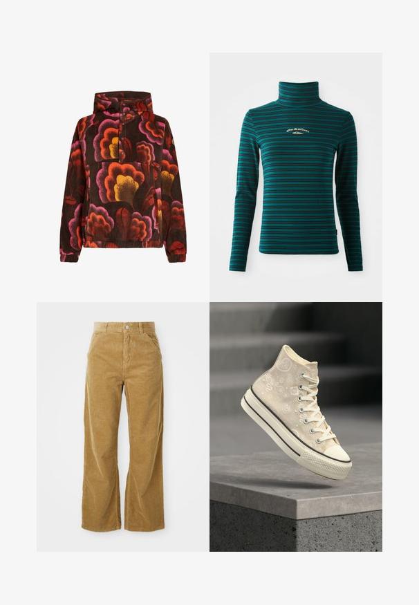Pullover fleece med pink, orange og gule blomster mønstre på en mørkebrun baggrund. Har hætte og knaplukning. Blød tekstur.; Langærmet turtleneck top i teal med mørkeblå vandrette striber. Har et lille hvidt og guld logo på brystet. Blødt, strækbart stof.; Bredde corduroybukser i lys brun med et struktureret ribbet mønster, fem lommer og en knaplukning i taljen.; Beige højt sneakers med hvide paisley-mønstre og tyk sål, svævende over en grå betonkant mod en mørk, sløret baggrund.