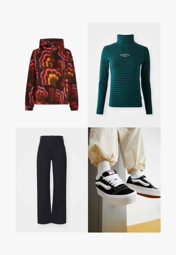 Mikina z fleece materiálu s ružovými, oranžovými a žltými kvetinovými vzormi na tmavohnedom pozadí. Obsahuje kapucňu a zapínanie na gombíky. Mäkká štruktúra.; Dlhý rukáv rolák v tyrkysovej farbe s tmavomodrými horizontálnymi pruhmi. Obsahuje malé biele a zlaté logo na hrudi. Mäkka, elastická látka.; Čierne široké džíny s vysokým pásom, so zapínaním na prednom gombíku a zips, pútkami na opasok a dvoma prednými vreckami na bielom pozadí.; Osoba nosiaca čierno-biele tenisky Vans s bielymi šnúrkami, bielymi ponožkami a béžové nohavice s elastickými lemami.