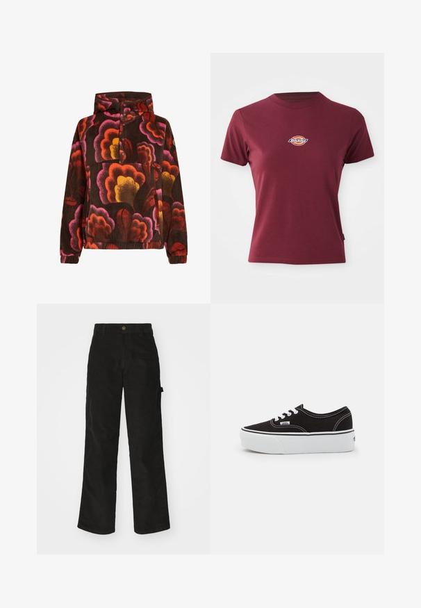 Mikina z fleece materiálu s ružovými, oranžovými a žltými kvetinovými vzormi na tmavohnedom pozadí. Obsahuje kapucňu a zapínanie na gombíky. Mäkká štruktúra.; Bordová tričko s krátkym rukávom vyrobené z bavlny, s okrúhlym výstrihom a malým viacfarebným logom "Dickies" na hrudi.; Čierne kordurové nohavice s rovným strihom, ktoré majú zapínanie na gombík a bočné vrecko. Hladká textura s jemnými vertikálnymi pruhmi.; Čierne plátenné tenisky s bielou gumovou platformou, s bielymi šnúrkami a stehmi, ikonickým logom na boku, nízkoprofilový dizajn.