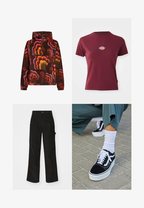 Pullover fleece med pink, orange og gule blomster mønstre på en mørkebrun baggrund. Har hætte og knaplukning. Blød tekstur.; Bordeaux kortærmet t-shirt lavet af bomuld med rund halsudskæring og et lille multicoloreret "Dickies" logo på brystet.; Sorte kordfløjsbukser med et lige ben-design, der har en knaplukning og sidelommer. Glat tekstur med fine lodrette striber.; Sorte ruskinds sneakers med hvide accenter og snørebånd, der har en tyk hvid sål og kontrasterende syninger, parret med en hvid sok.