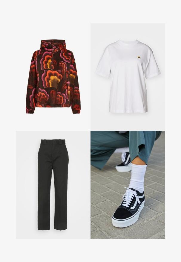Pullover fleece met roze, oranje en gele bloemmotieven op een donkerbruin achtergrond. Voorzien van een capuchon en knoopsluiting. Zachte textuur.; Witte katoenen t-shirt met een relaxte pasvorm, korte mouwen en een klein geborduurd logo op de linkerborst.; Zwarte broek met een rechtstreekse pasvorm, gemaakt van een gladde stof. De tailleband heeft riemlussen en geen zichtbare sluitingen.; Zwarte suède sneaker met witte accenten en veters, uitgerust met een dikke witte zool en contrasterende stiksels, gecombineerd met een witte sok.