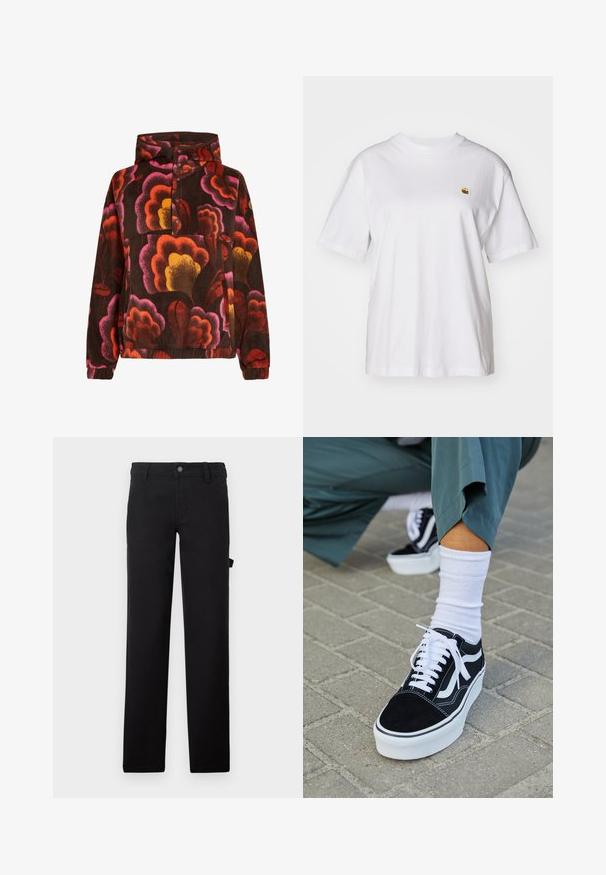 Mikina z fleece materiálu s ružovými, oranžovými a žltými kvetinovými vzormi na tmavohnedom pozadí. Obsahuje kapucňu a zapínanie na gombíky. Mäkká štruktúra.; Biely bavlnený tričko s voľným strihom, krátkymi rukávmi a malým vyšitým logom na ľavej strane hrude.; Čierne nohavice z hladkej látky, navrhnuté s rovnými nohavicami, zapínaním na gombík a bočnou kapsou.; Čierne semišové tenisky s bielymi akcentmi a šnúrkami, s hrubou bielou podrážkou a kontrastným prešívaním, doplnené o bielu ponožku.