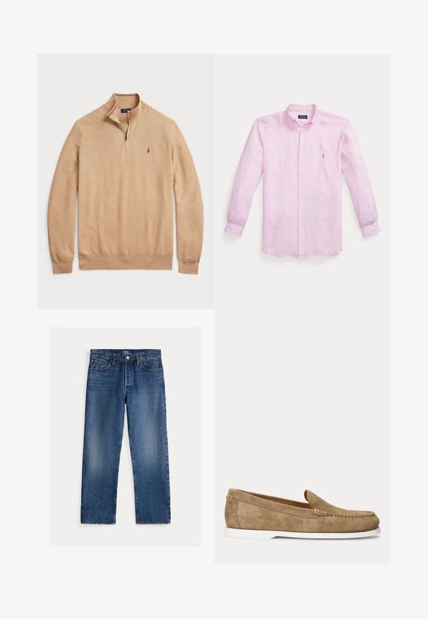 Beige Pullover mit Reißverschluss aus strukturiertem Strickstoff, mit gerippten Bündchen und Saum; verfügt über ein kleines Logo auf der Brust.; Langärmliges Hemd mit Knöpfen in Hellrosa mit dünnen weißen Streifen und einem kleinen bestickten blauen Logo auf der Brust.; Straight-leg blaue Jeans mit ausgewaschenen Details, fünf Taschen, Gürtelschlaufen und Knopf- und Reißverschlussverschluss, Polo Ralph Lauren Etikett innen.; Hellbrauner Wildleder-Loafer mit weißer Sohle, Mokassinnähten und Schlupfdesign, von der Seite vor einfachem Hintergrund abgebildet.