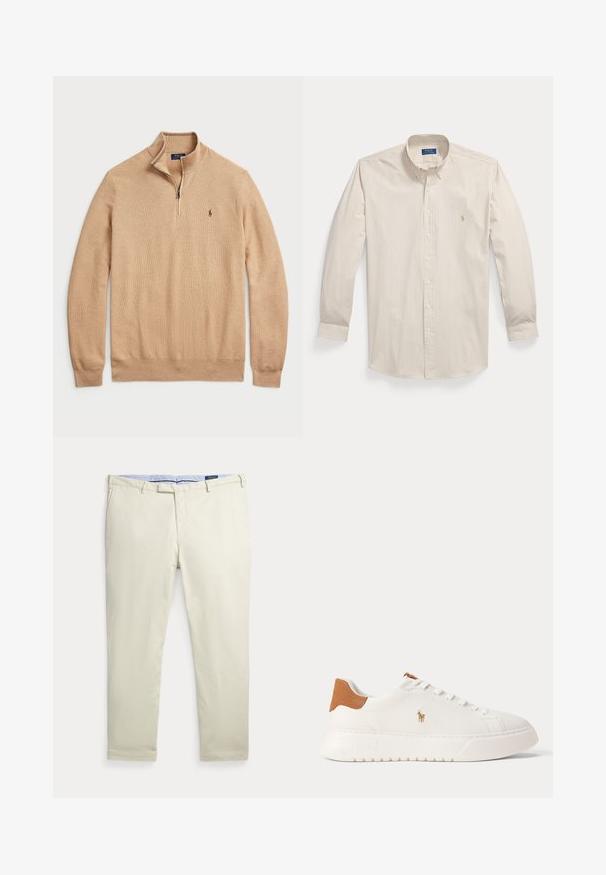 Beige Pullover mit Reißverschluss aus strukturiertem Strickstoff, mit gerippten Bündchen und Saum; verfügt über ein kleines Logo auf der Brust.; Beige-weiß längsgestreiftes Langarmhemd mit durchgehender Knopfleiste, Knopfkragen und kleinem gesticktem Logo auf der Brust.; Beige Herrenhose mit geradem Bein, Gürtelschlaufen und Vordertaschen, flach auf weißem Hintergrund liegend.; Weißer Sneaker mit niedrigem Schaft, beige Fersenlasche, weißen Schnürsenkeln und kleinem, besticktem Polospieler-Logo an der Seite über einer dicken Sohle.